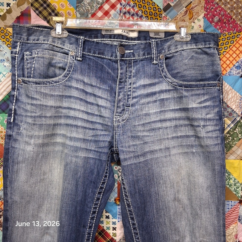 BKE Jake Bootcut Blue Jeans 38 Long Front Whiskers Embroidered Pocket 34 Inseam